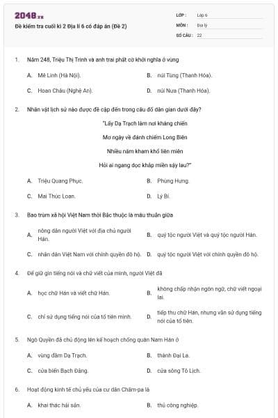 Đề kiểm tra cuối kì 2 Địa lí 6 có đáp án (Đề 2)
