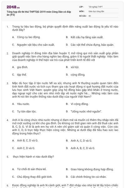 Tổng hợp đề thi thử THPTQG 2019 môn Công Dân có đáp án (P3)