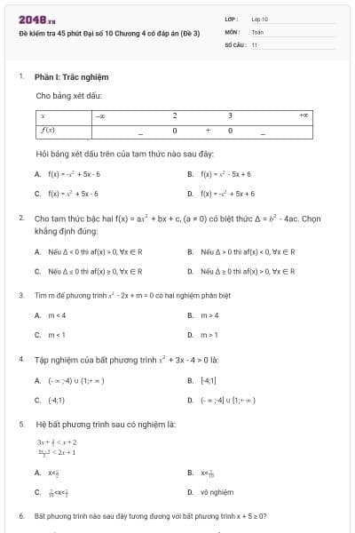 Đề kiểm tra 45 phút Đại số 10 Chương 4 có đáp án (Đề 3)