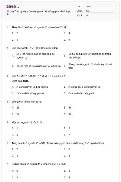 20 câu Trắc nghiệm Các dạng toán về số nguyên tố có đáp án