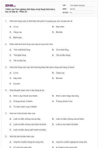 1000+ câu Trắc nghiệm Giới thiệu về kỹ thuật hình ảnh y học có đáp án - Phần 33