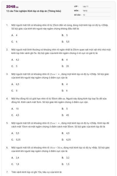 12 câu  Trắc nghiệm Kính lúp có đáp án (Thông hiểu)