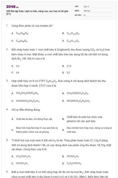 200 Bài tập Este, Lipit cơ bản, nâng cao, cực hay có lời giải (P1)