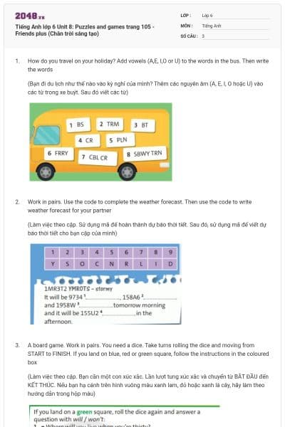 Tiếng Anh lớp 6 Unit 8: Puzzles and games trang 105 - Friends plus (Chân trời sáng tạo)
