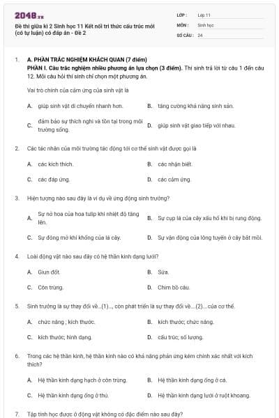Đề thi giữa kì 2 Sinh học 11 Kết nối tri thức cấu trúc mới (có tự luận) có đáp án - Đề 2