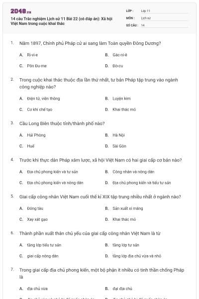 14 câu  Trắc nghiệm Lịch sử 11 Bài 22 (có đáp án): Xã hội Việt Nam trong cuộc khai thác