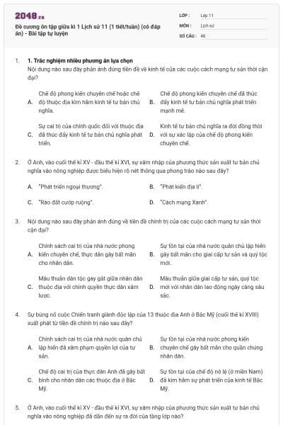 Đề cương ôn tập giữa kì 1 Lịch sử 11 (1 tiết/tuần) (có đáp án) - Bài tập tự luyện