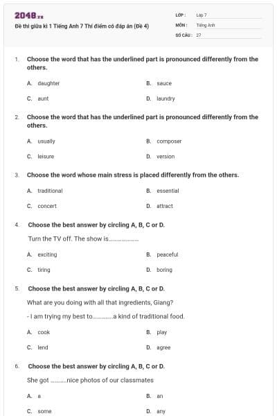 Đề thi giữa kì 1 Tiếng Anh 7 Thí điểm có đáp án (Đề 4)