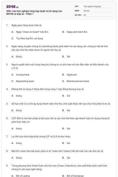 400+ câu trắc nghiệm tổng hợp Quản trị tín dụng của NHTM có đáp án - Phần 1