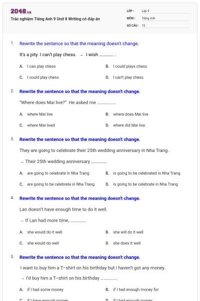 Trắc nghiệm Tiếng Anh 9 Unit 8 Writing có đáp án