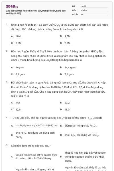 225 Bài tập trắc nghiệm Crom, Sắt, Đồng cơ bản, nâng cao có lời giải (P3)