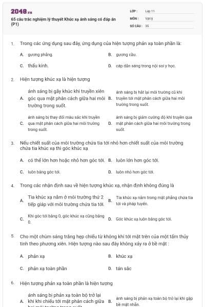 65 câu trắc nghiệm lý thuyết Khúc xạ ánh sáng có đáp án (P1)