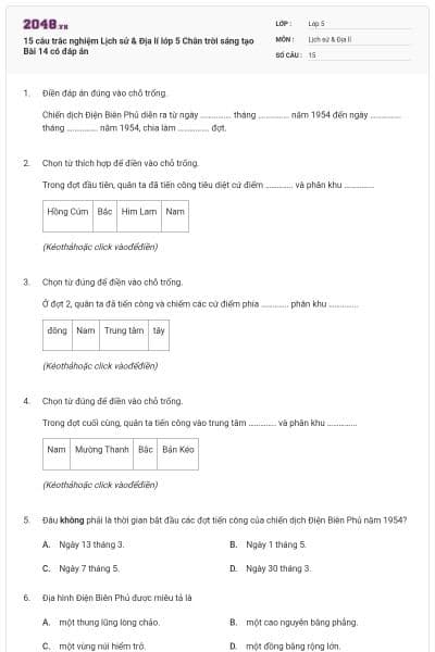 15 câu trắc nghiệm Lịch sử & Địa lí lớp 5 Chân trời sáng tạo Bài 14 có đáp án