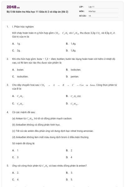 Bộ 5 Đề kiểm tra Hóa học 11 Giữa kì 2 có đáp án (Đề 2)