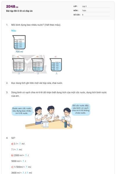 Bài tập Mi-li-lít có đáp án