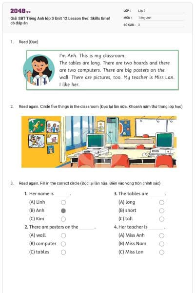 Giải SBT Tiếng Anh lớp 3 Unit 12 Lesson five: Skills time! có đáp án