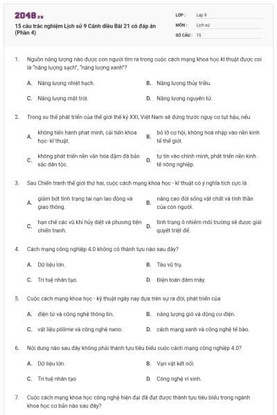 15 câu trắc nghiệm Lịch sử 9 Cánh diều Bài 21 có đáp án (Phần 4)