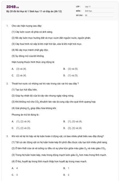 Bộ 20 đề thi Học kì 1 Sinh học 11 có đáp án (đề 12)