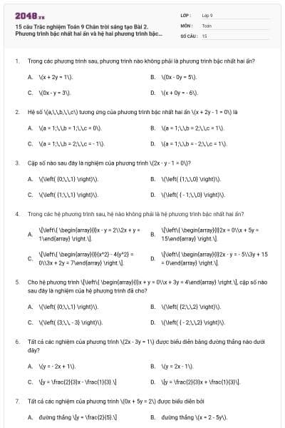 15 câu Trắc nghiệm Toán 9 Chân trời sáng tạo Bài 2. Phương trình bậc nhất hai ẩn và hệ hai phương trình bậc nhất hai ẩn có đáp án