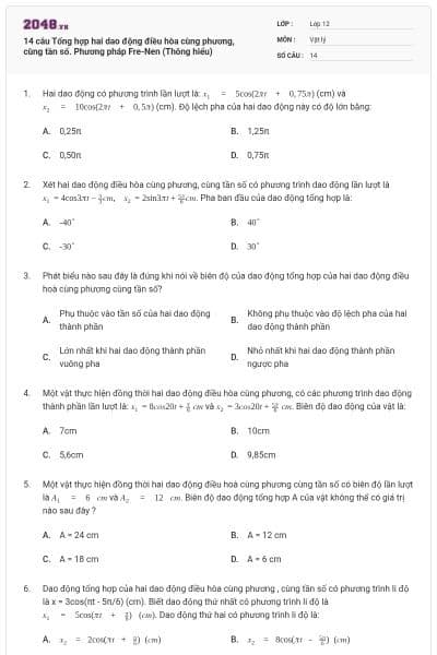 14 câu Tổng hợp hai dao động điều hòa cùng phương, cùng tần số. Phương pháp Fre-Nen (Thông hiểu)