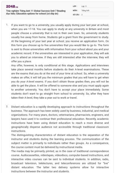 Trắc nghiệm Tiếng Anh 11 Global Success Unit 7 Reading đọc hiểu: Education options for school (có đáp án)