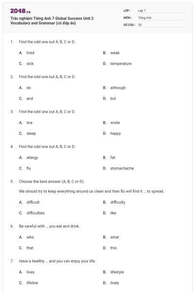 Trắc nghiệm Tiếng Anh 7 Global Success Unit 2 Vocabulary and Grammar (có đáp án)