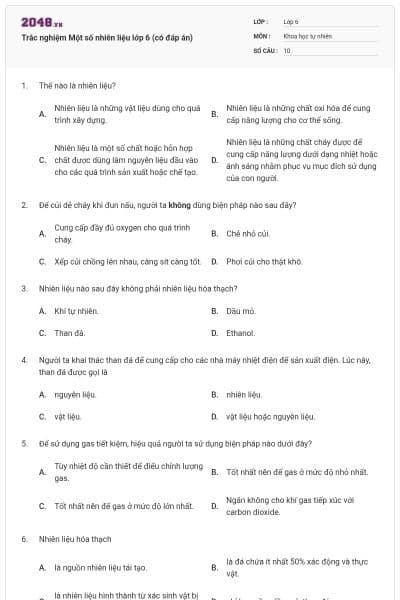 Trắc nghiệm Một số nhiên liệu lớp 6 (có đáp án)