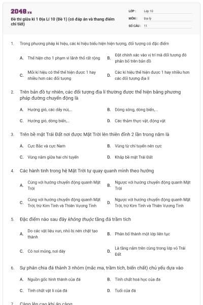 Đề thi giữa kì 1 Địa Lí 10 (Đề 1) (có đáp án và thang điểm chi tiết)