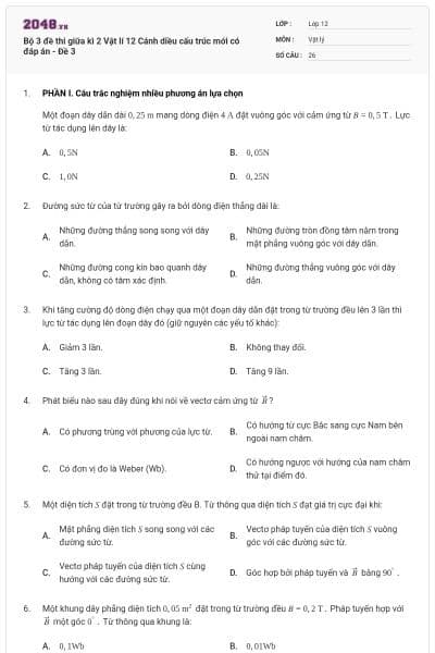 Bộ 3 đề thi giữa kì 2 Vật lí 12 Cánh diều cấu trúc mới có đáp án - Đề 3