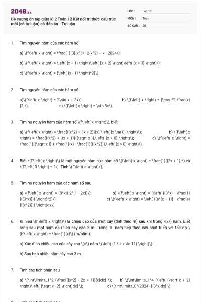 Đề cương ôn tập giữa kì 2 Toán 12 Kết nối tri thức cấu trúc mới (có tự luận) có đáp án - Tự luận