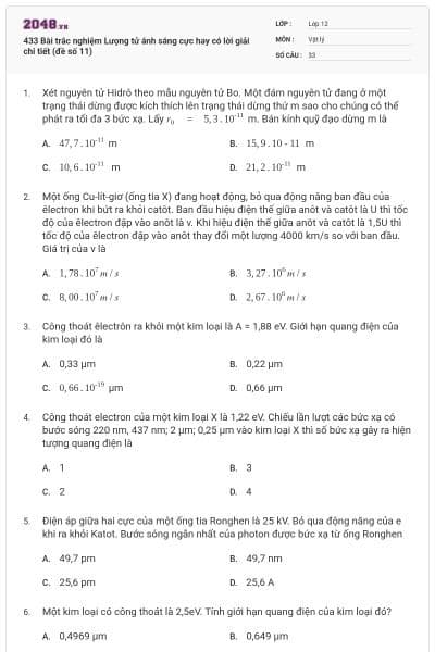 433 Bài trắc nghiệm Lượng tử ánh sáng cực hay có lời giải chi tiết (đề số 11)
