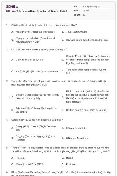 300+ câu Trắc nghiệm Học máy cơ bản có đáp án - Phần 5