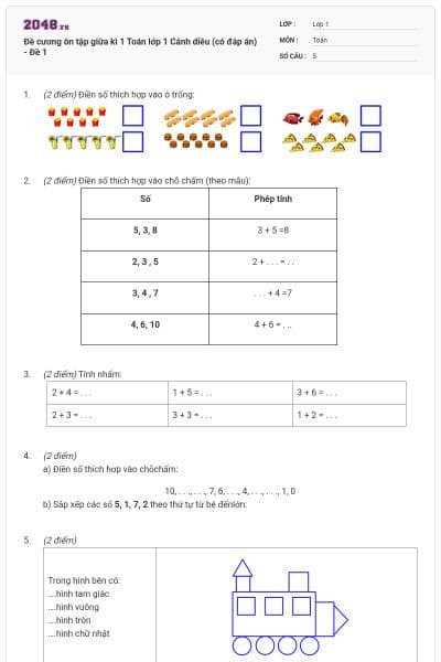Đề cương ôn tập giữa kì 1 Toán lớp 1 Cánh diều (có đáp án) - Đề 1