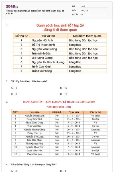10 câu trắc nghiệm Lập danh sách học sinh Cánh diều có đáp án