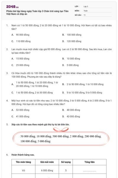 Phiếu bài tập hàng ngày Toán lớp 3 Chân trời sáng tạo Tiền Việt Nam có đáp án