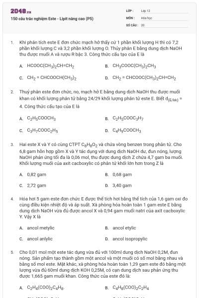 150 câu trắc nghiệm Este - Lipit nâng cao (P5)