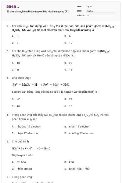 50 câu trắc nghiệm Phản ứng oxi hóa - khử nâng cao (P1)
