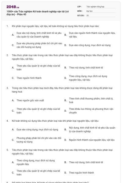 1000+ câu Trắc nghiệm Kế toán doanh nghiệp vận tải (có đáp án) - Phần 40