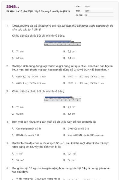 Đề kiểm tra 15 phút Vật Lí lớp 6 Chương 1 có đáp án (Đề 1)