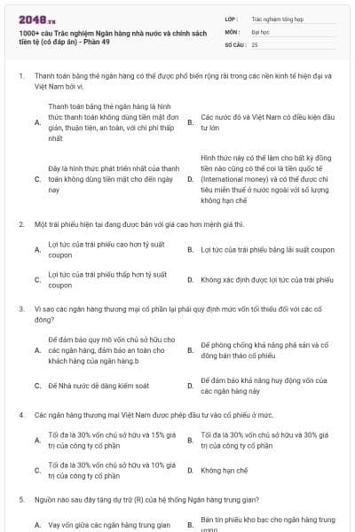 1000+ câu Trắc nghiệm Ngân hàng nhà nước và chính sách tiền tệ (có đáp án) - Phần 49