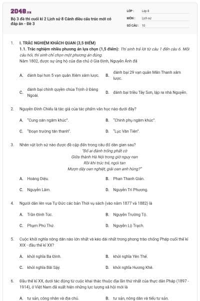 Bộ 3 đề thi cuối kì 2 Lịch sử 8 Cánh diều cấu trúc mới có đáp án - Đề 3