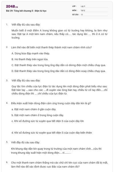 Bài 39: Tổng kết chương II : Điện từ học