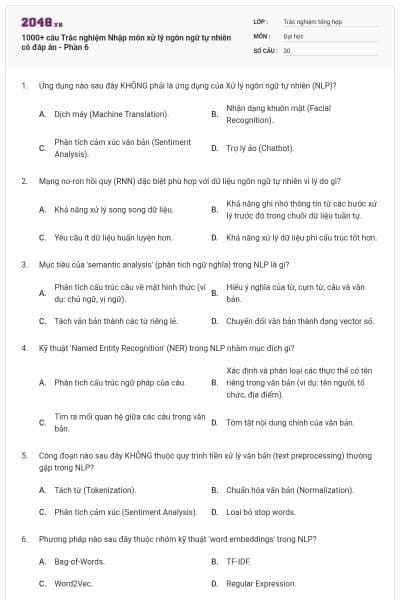 1000+ câu Trắc nghiệm Nhập môn xử lý ngôn ngữ tự nhiên có đáp án - Phần 6