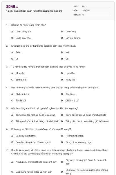 15 câu trắc nghiệm Cánh rừng trong nắng (có đáp án)