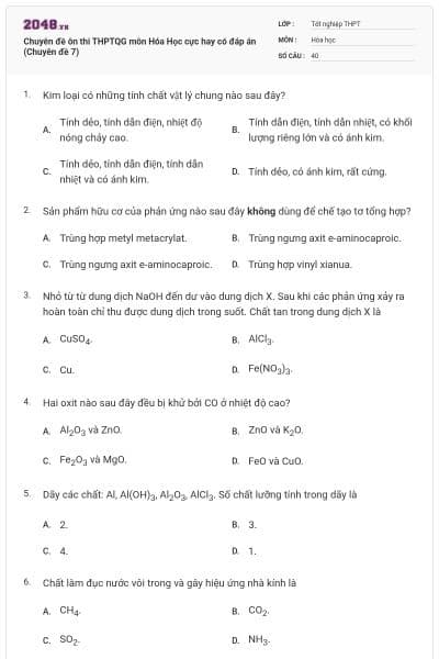 Chuyên đề ôn thi THPTQG môn Hóa Học cực hay có đáp án (Chuyên đề 7)
