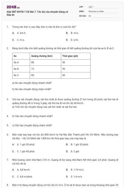Giải SBT KHTN 7 CD Bài 7. Tốc độ của chuyển động có đáp án