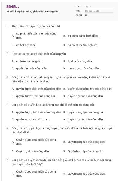 Đề số 1 Pháp luật với sự phát triển của công dân