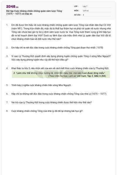 Bài tập Cuộc kháng chiến chống quân xâm lược Tống (1075 – 1077) có đáp án