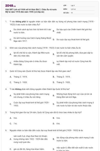 Giải SBT Lịch sử 9 Kết nối tri thức Bài 2. Châu Âu và nước Mỹ từ năm 1918 đến năm 1945 (có đáp án)