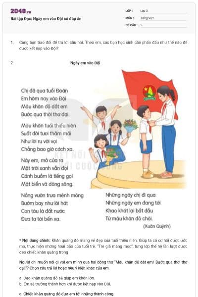 Bài tập Đọc: Ngày em vào Đội có đáp án